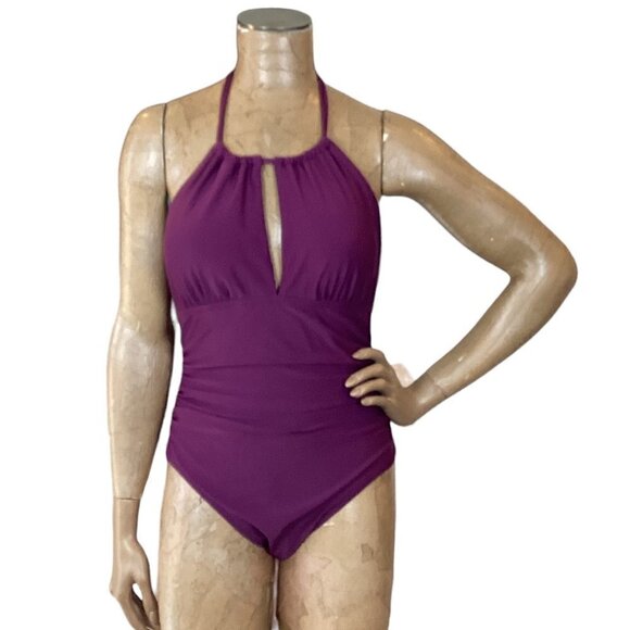 One-Piece Halter Neck Ruched Swimsuit Sz L Plum-Purple 254D - Picture 1 of 6